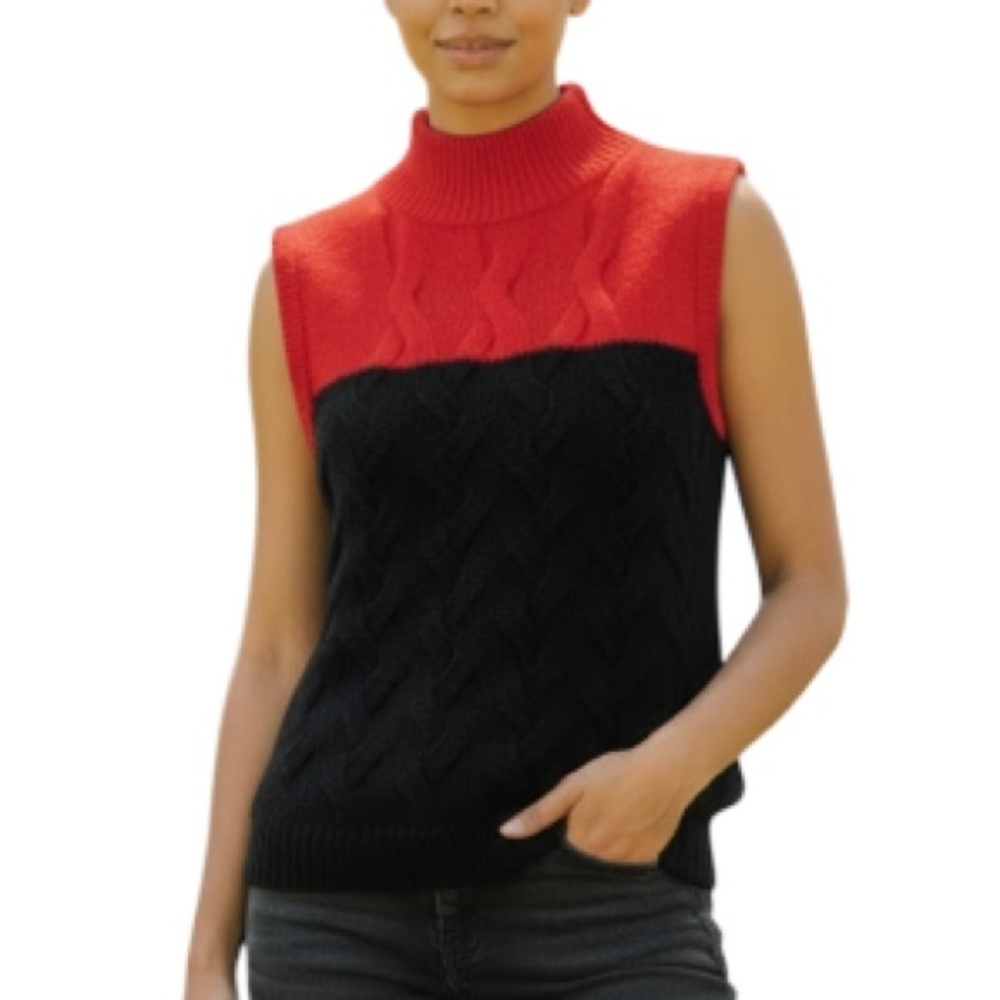 CALVIN KLEIN Red Black Colour Block Sweater Vest Cable Knit Mock Neck Preppy M